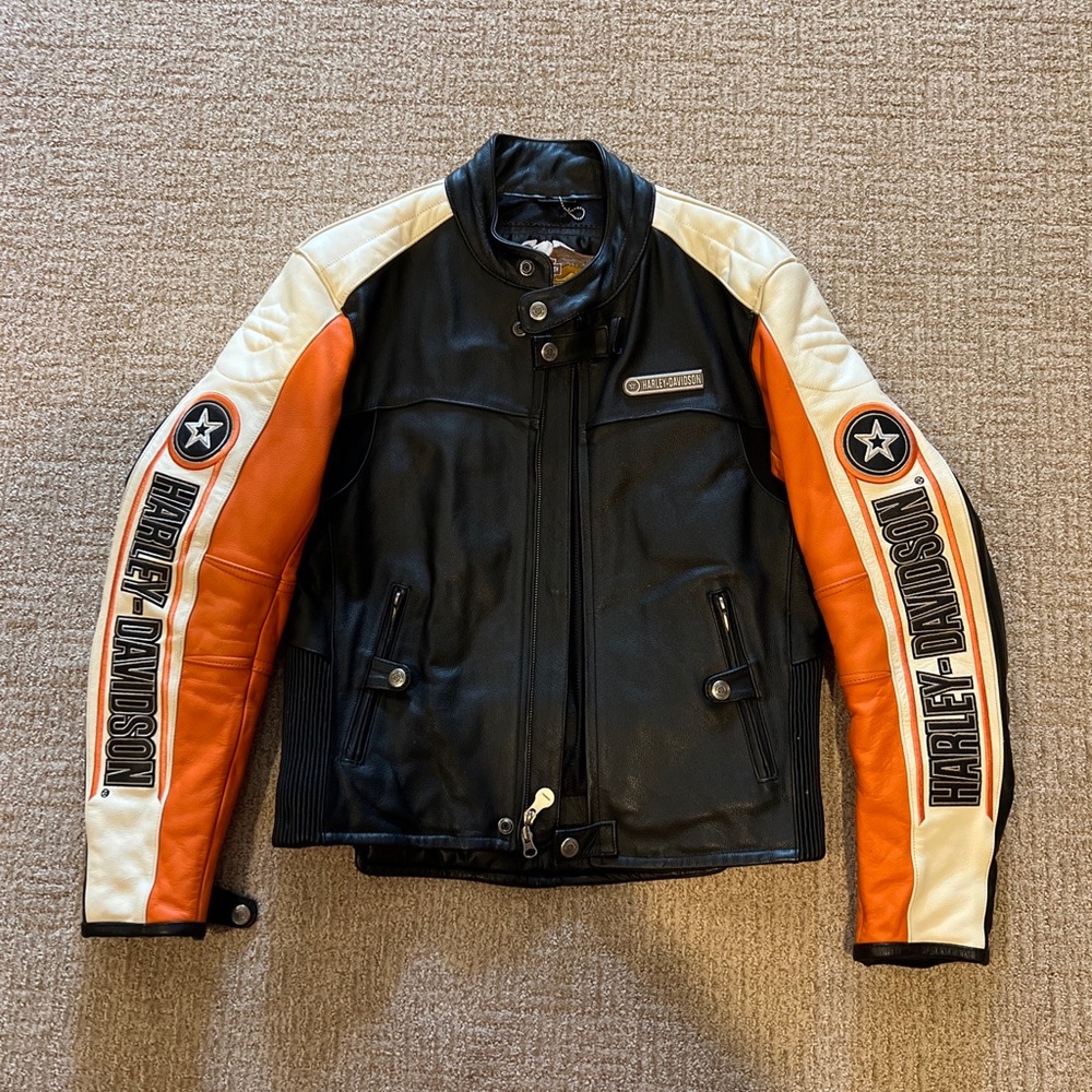 New Harley Davidson Leather Vintage Jacket Orange Black Embroidered Large